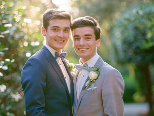 Wall Mural - An outdoor portrait of two men at a wedding, one dressed in a dark blue suit and the other in a light grey suit with a chic bow tie.
