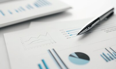Poster - Analyzing Trends, Graphs and Data on White Paper. Financial Report Close-Up, Pen on Paper Charts. Detailed Business Analysis with Graphs and Charts.