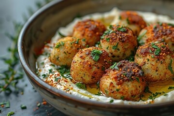 Wall Mural - A closeup of small, golden brown falafel balls on top of cream cheese