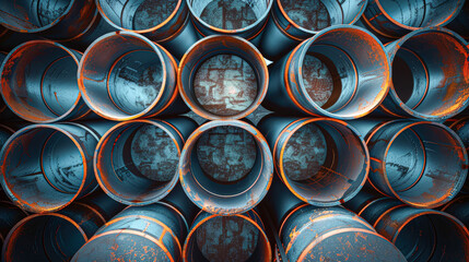 Wall Mural - Overhead view of circular stacked metal pipes