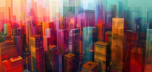 Wall Mural - Craft a digital artwork of a cityscape transformed by smart technology, showcasing buildings with dynamic, color-shifting facades