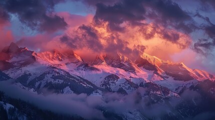 Wall Mural - majestic sunrise over snowy mountain peaks breathtaking landscape photography