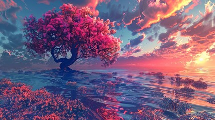 Poster - majestic sunset tree in surreal landscape ai generated art