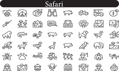 safari line web icons. African Animals, ecotourism activities. national parks. Editable stroke.