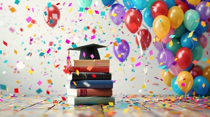 Vibrant and Festive Graduation Background with Colorful Confetti and Balloons. A Stack of Books with Graduation Cap and Diploma on Polished Wooden Surface, Transitioning to Whitespace for Additions