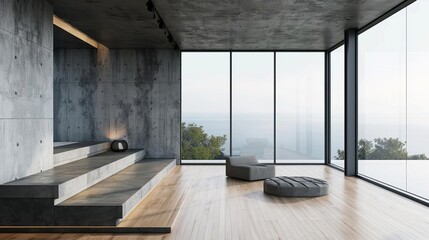 Wall Mural - minimalist concrete interior with wooden floor and panoramic windows modern architecture 3d rendering