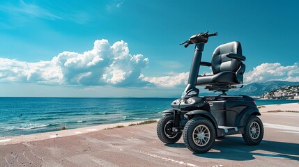 mobility scooter parked on pavement near sandy beach enabling independence and accessibility on sunny day lifestyle photography