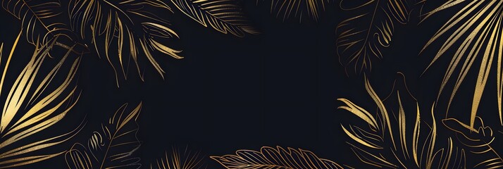 Wall Mural - Abstract luxury dark art background with hand drawn palm leaves in golden line style. Botanical banner with tropical plants for wallpaper, decor, packaging, print, interior design
