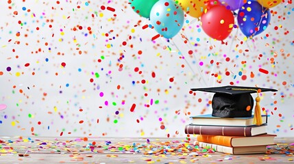 Vibrant and Festive Graduation Background with Colorful Confetti and Balloons. A Stack of Books with Graduation Cap and Diploma on Polished Wooden Surface, Transitioning to Whitespace for Additions