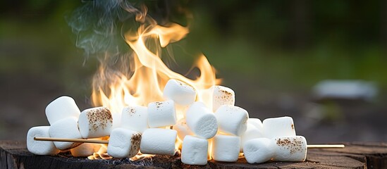 Toasted white marshmallows on wooden sticks over unlit campfire wood with copy space image.