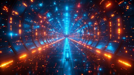 Embedded light in space, data center, blue neon, rays and lines. Dark futuristic empty scene. 3D illustration.