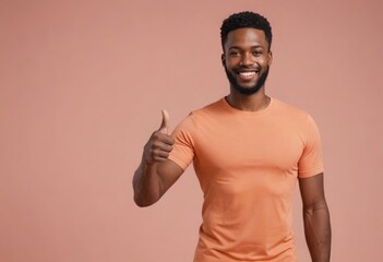 Sticker - A man in an orange shirt stands smiling and giving a thumbs up. He is posed against a soft peach background.