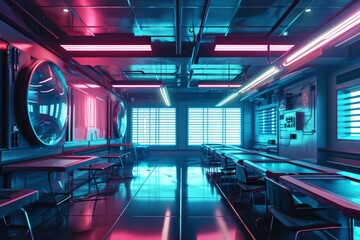 Poster - Abstract futuristic school classroom, Futuristic classroom in school of the future, AI-generated
