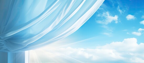 Poster - The window is open, allowing the wind to blow the curtain as the sun shines through, with a blue sky background perfect for a copy space image.