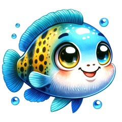 Wall Mural - A Cichlid fish with big, expressive, bright, and sparkling eyes that convey a happy and content emotion. The Cichlid has a cute and lively appearance, swimming