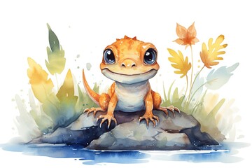 Wall Mural - smiling lizard in garden watercolor cartoon animal nursery clipart isolated on white background