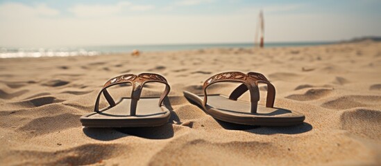 Aufkleber - Sandals with a thong design placed on the sandy beach, with empty space for an image. with copy space image. Place for adding text or design