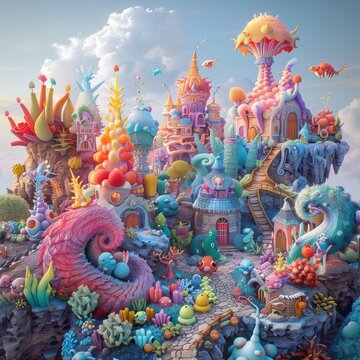 Design a whimsical, CG 3D illustration of a charming fantasy world populated by colorful, mythical creatures, inviting viewers into a magical realm