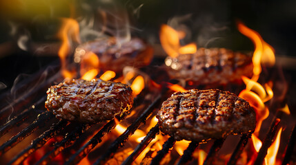 Juicy grilled beef burger meat patties sizzling on the barbecue with fire