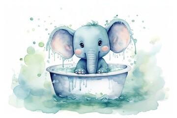 Wall Mural - elephant bath time in tub, watercolor cartoon animal nursery clipart isolated on white background