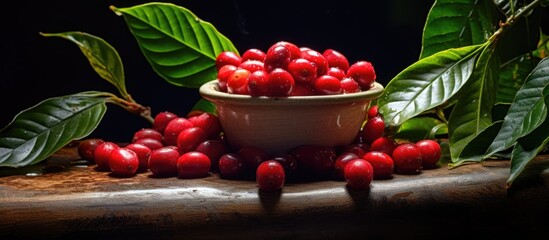 Fototapete - Freshly picked Robusta coffee cherries with a copy space image.