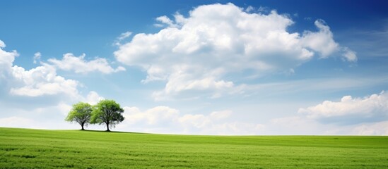 Poster - Beautiful landscape with a green field, a tree on the horizon, fluffy clouds, and a blue sky filling the background with vast copy space image.