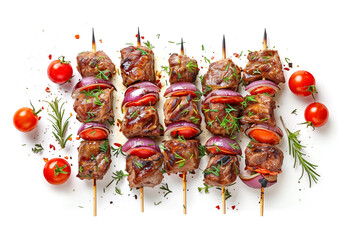 Wall Mural - Juicy grilled barbecue skewers meat kebabs with vegetables isolated on white background