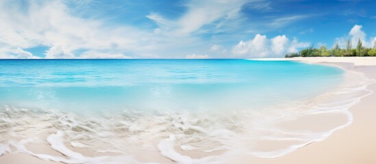 Poster - White sandy beach with crystal clear tropical waters and waves, ideal for a relaxing vacation, perfect for a copy space image.