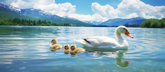 Poster - A charming duck family swimming gracefully on a tranquil lake with a picturesque background, ideal for a copy space image.