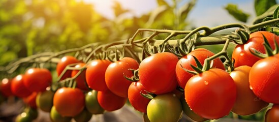 Poster - A new crop of ripe tomatoes displayed on tomato plants, offering a vibrant and appealing sight with ample copy space image.