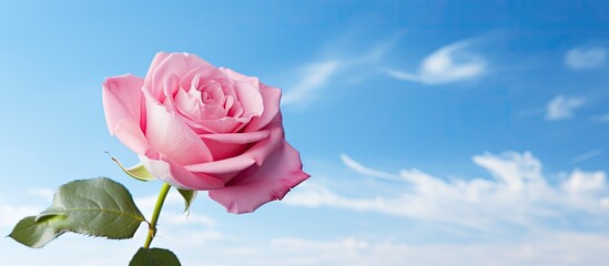 Poster - Background with a pink rose against a blue sky with copy space image.