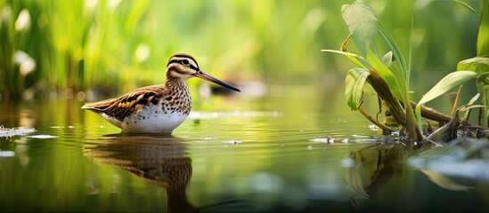 Poster - Common snipe foraging in a summer wetland setting, with available copy space image.