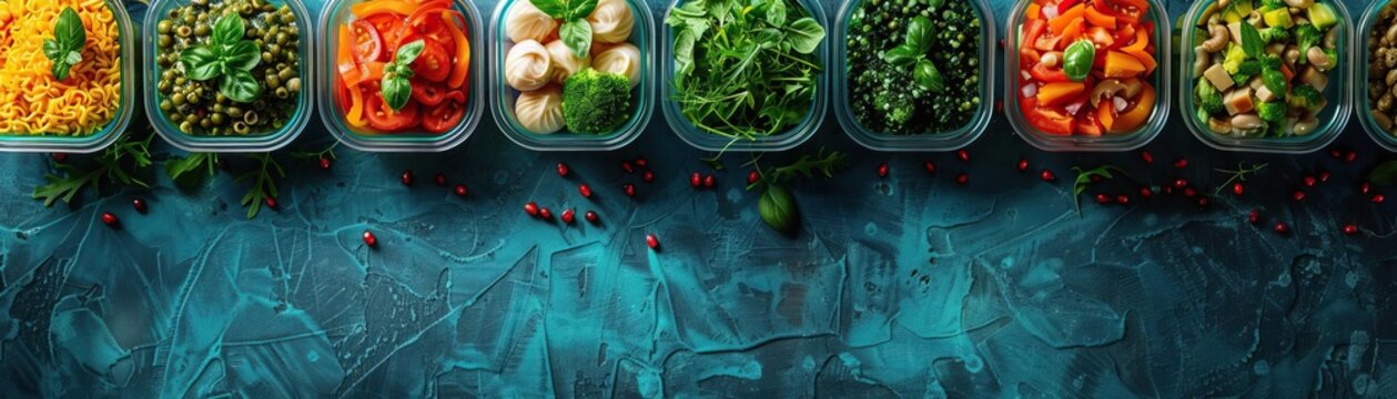 An elegant aerial view of colorful lunchboxes filled with Mediterranean diet meals, spread on a turquoise table, the background fading to focus on the food, ample space for text.