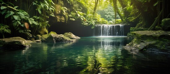 Leinwandbilder - Nature scene with a picturesque waterfall cascading into a serene rock pool, set in a lush forest with vivid greenery and a tranquil ambiance, ideal for a copy space image.