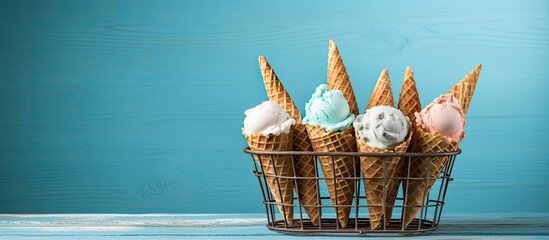 Aufkleber - Ice cream cones arranged in a metal basket on a blue wooden vintage background, with an appealing copy space image.