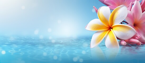 Poster - Frangipani flower on top of a vibrant background with space for adding images. with copy space image. Place for adding text or design