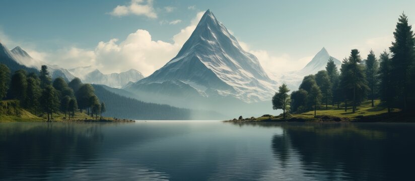 Mountain peak with a pristine lake provides a stunning view, ideal for a nature-themed copy space image.