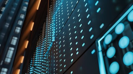 Poster - close focus on a smart building's interactive surface, pixels light up with passing shadows.