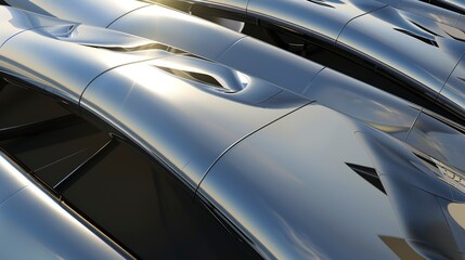 Poster - Sleek, metallic surface of a futuristic structure, close-up, reflecting early morning light. 