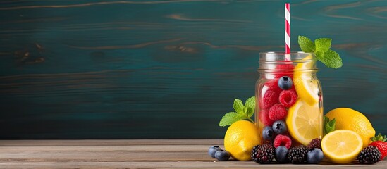 Aufkleber - Mason Jar filled with lemonade, citrus, mint, and berries, placed on a rustic wooden backdrop with copy space image.