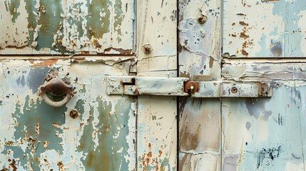 Wall Mural - Close-up of a weathered door on an abandoned factory, peeling paint, rusted hardware.