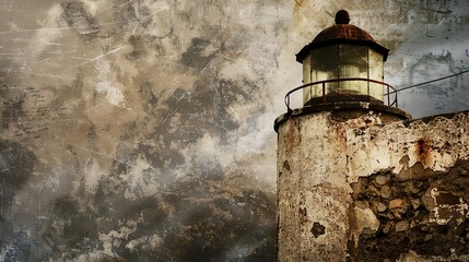 Poster - Detailed view of an abandoned lighthouse, cracked stucco and eroded stone at seaside, stormy weather. 