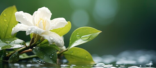 Poster - Raindrops glisten on a fresh jasmine bud in a serene setting with copy space image.