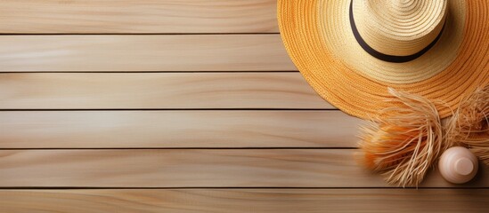 Aufkleber - Beach accessories like a straw hat, sunglasses, and beach slippers placed on a wooden surface with an empty space for an image to be inserted. with copy space image. Place for adding text or design