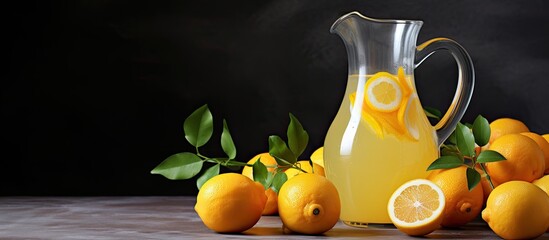 Aufkleber - A homemade pitcher of orange lemonade is displayed on a gray backdrop with a focused shot, creating a serene copy space image.