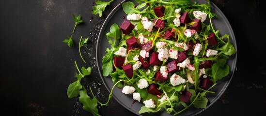 Aufkleber - Vibrant beetroot and feta salad on fresh greens, with a top-down view showing a lack of individuals, ideal for copy space image, in a flat lay composition.