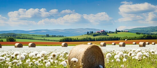 Aufkleber - Meadow with haystacks and white flowers, providing a charming countryside scene with a rustic touch and copy space image.