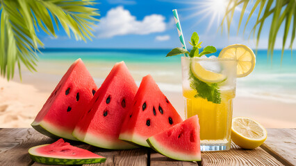 Watermelon slices with fresh green rinds, Chilled drink in a glass. Summer theme wallpaper on a beach background. generative ai