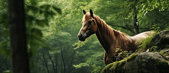 Poster - A horse stands gracefully amid the serene beauty of the forest, with a lush green backdrop creating an enchanting scene in the copy space image.