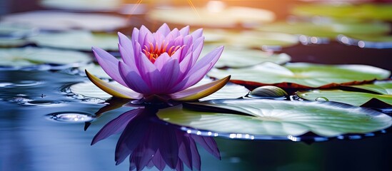 Aufkleber - A purple lotus in a serene pond offers a tranquil setting with copy space image.